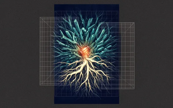 Abstract digital fresco: an organic root system resolving into a precise architectural grid, a copper focal point where chance meets regulation