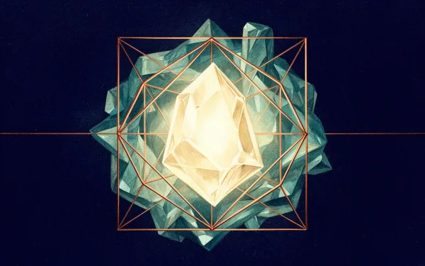 Abstract digital fresco: a luminous cream crystalline brand identity held within a copper geometric lattice and teal membrane on deep navy