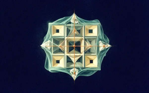 Abstract digital fresco of an interlocking architectural grid of geometric panels bound by a teal membrane, joined by a copper connector on deep navy