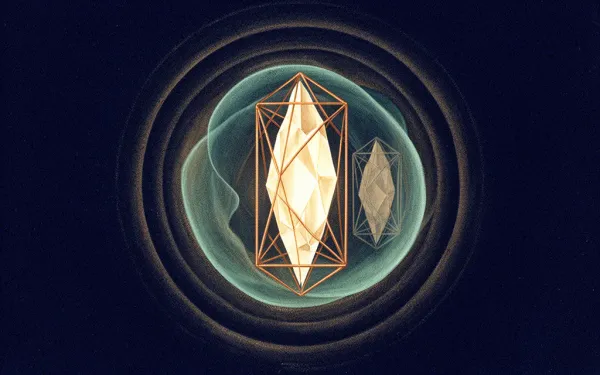 Abstract digital fresco: a luminous crystalline form caged in a copper lattice beside a dim duplicate, evoking voice ownership under the NO FAKES Act