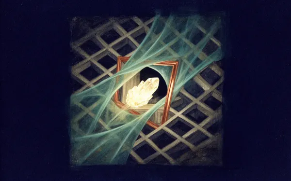 Abstract fresco: a luminous crystalline form passing through a copper-edged aperture in a navy and teal architectural lattice