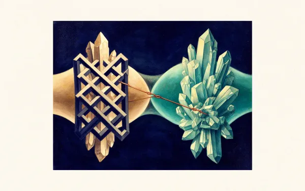Abstract digital fresco: an ordered crystalline structure in a copper lattice transferring its form across a teal membrane to an emerging structure, symbolizing law-practice succession.