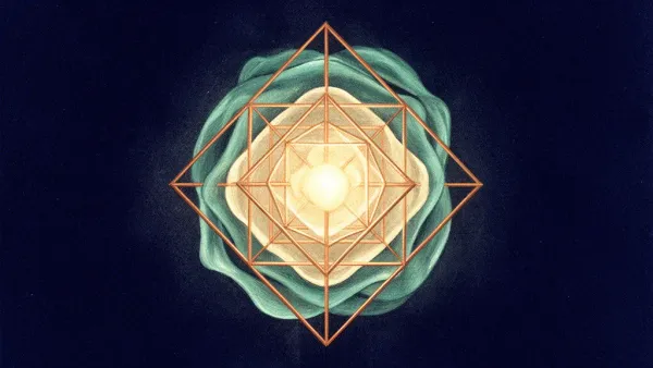 Abstract digital fresco: luminous contained light within a copper geometric lattice bound by a teal membrane, symbolizing tiered open source license obligations