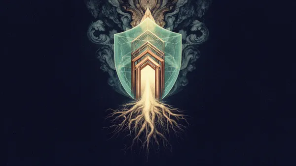 Abstract digital fresco: a teal safe-harbor shield and copper intent-gate threshold anchored to a luminous root system, symbolizing Texas AI governance compliance under TRAIGA