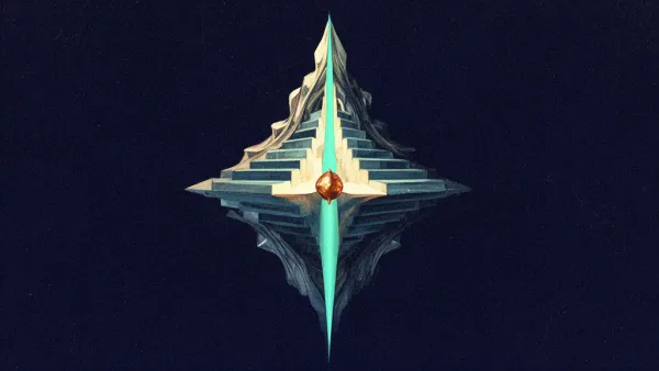 Abstract digital fresco: two interlocking crystalline forms sharing a central teal axis, ascending stepped tranches rising from a copper seed, symbolizing co-founder equity vesting over time