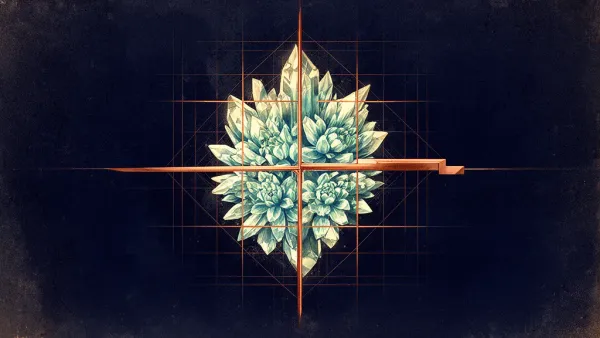 Abstract digital fresco: a teal crystalline form quartered by a copper lattice and crossed by a copper threshold ledge on deep navy — equity vesting released in stages past a cliff