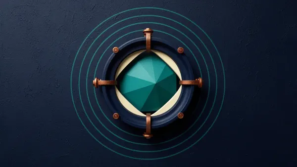 Abstract fresco: a teal faceted core gated inside a navy iris aperture ring with small copper pivot bolts, ringed by fine concentric teal arcs on a dark navy plaster wall.