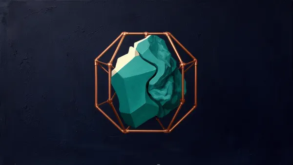 Abstract fresco: a teal mass, half precisely faceted and half rough and organic, held inside a slender copper hexagonal armature on a dark navy plaster ground.