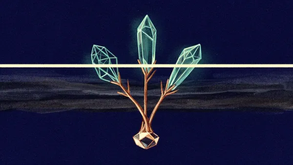 Abstract digital fresco: three teal crystalline branches diverging from one copper-edged foundation on deep navy, crossed by a single cream threshold line