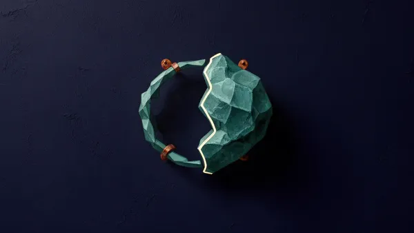 Abstract fresco on deep navy plaster: a faceted teal crystal whose right side is dense solid stone while its left side is an empty hollow husk, divided by a cream-lit seam pinned with copper.