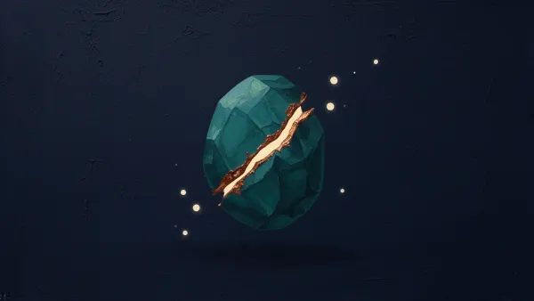 Abstract fresco on deep navy: an oval teal crystal with one diagonal fracture across its face rebonded in copper and glowing cream, small motes of light drifting away from the break.