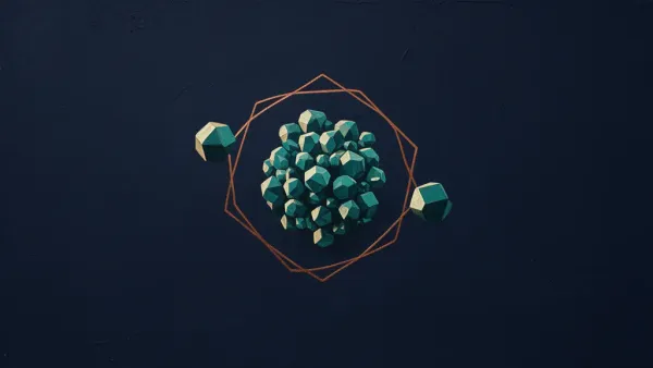 Abstract fresco on deep navy: a dense cluster of small faceted teal crystals ringed by a single hairline copper boundary, with two crystals left outside the ring on bare navy ground.