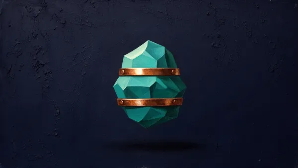 Abstract fresco on deep navy plaster: a compact faceted teal crystal floating in dark space, reinforced at two narrow points by riveted copper bands seated flush into the stone.