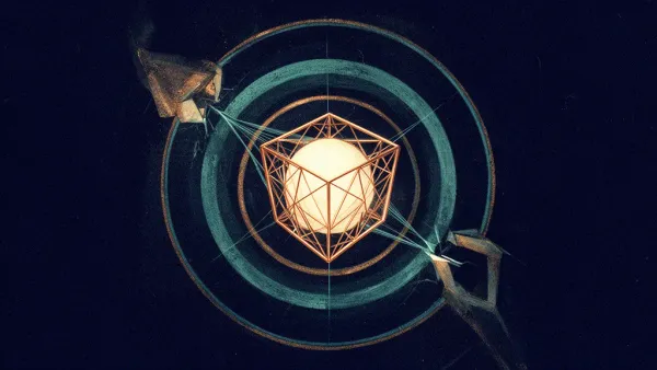 Abstract digital fresco: a cream luminous sphere caged in a copper geometric lattice at center, ringed by concentric teal watch circles on deep navy, angular forms intruding at the edges