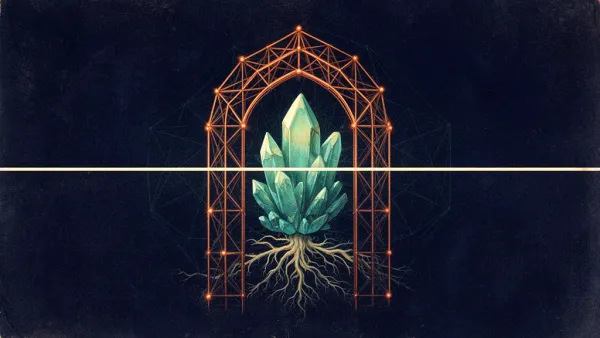 Abstract digital fresco: a copper lattice arch on deep navy shelters a luminous teal crystal cluster with fine roots, crossed by a single thin cream horizontal boundary line.
