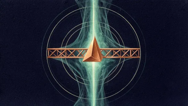 Abstract digital fresco: a faceted copper wedge keyed into a horizontal copper truss spanning a rising teal light channel on deep navy, ringed by faint concentric cream circles