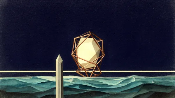Abstract digital fresco: a thin copper lattice cage holding a luminous cream faceted crystal above a rising teal tide, a slender grey prism marker planted ahead of it on deep navy