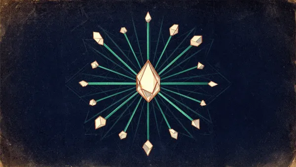 Abstract digital fresco: a cream-lit faceted crystal centered on deep navy, straight teal filaments radiating outward to a scatter of small copper-edged polygonal nodes at varying depths