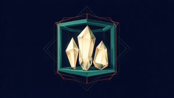 Abstract digital fresco: three unequal cream-lit crystalline solids held inside one angular teal containment frame on deep navy, traced by thin copper edge lines.