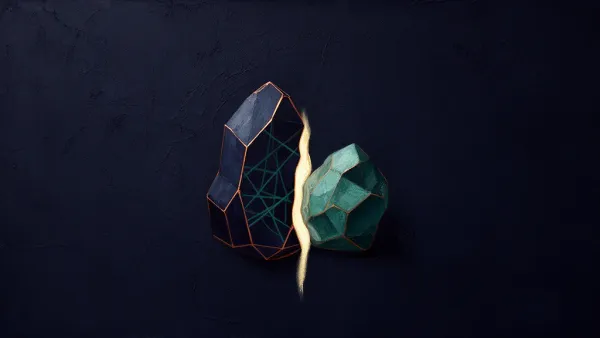 Abstract digital fresco: two faceted stone masses of unequal size pressed together on deep navy plaster, split by a thin luminous cream seam, with copper edge lines and an inner teal lattice