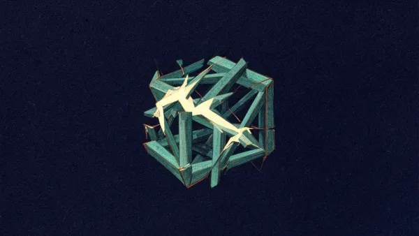 Abstract digital fresco: a small angular teal lattice block centered on deep navy, several struts cleanly snapped, cream light bursting from the fractures, thin copper edge lines.