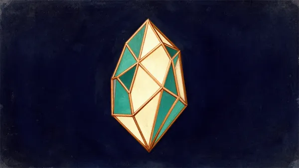 Abstract digital fresco: an angular faceted crystal centered on deep navy, its whole silhouette drawn by a copper lattice enclosing cream and teal interior facets as one bounded form