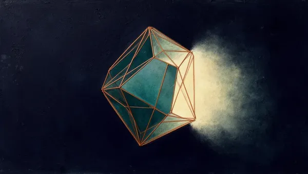 Abstract digital fresco: a faceted teal crystal bound by thin copper struts on deep navy, the lattice complete on every face but one, where contained cream light escapes into a diffuse haze