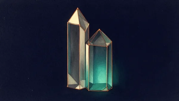 Abstract digital fresco: two unequal angular crystal solids on deep navy, one tall and pale, one shorter and teal-lit, pressed flush along a single straight seam, edged in hairline copper
