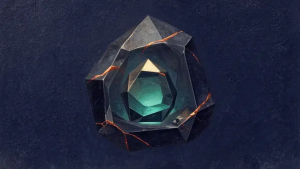 Abstract digital fresco: three angular faceted solids nested one inside another on deep navy, the innermost glowing warm teal, with hairline copper glints along a few outer edges