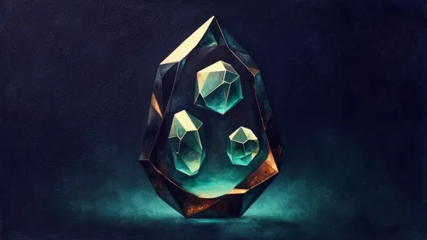 Abstract digital fresco: three unequal teal crystalline solids suspended inside one faceted deep-navy crystal, warm copper patina along its lower facets, centered on troweled navy plaster