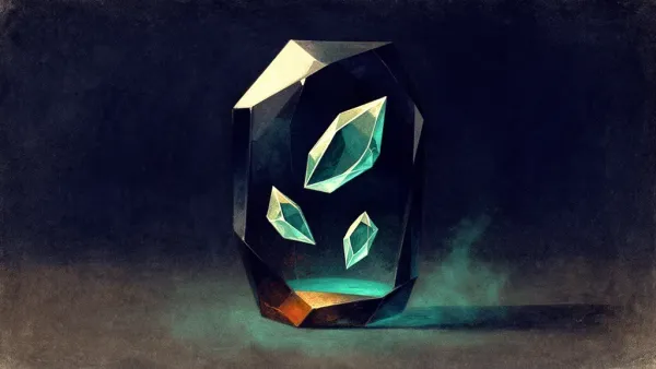 Abstract digital fresco: one faceted deep navy crystal on plaster, holding three unequal glowing teal shards at different depths, cream light on its upper facets, teal haze pooled beneath