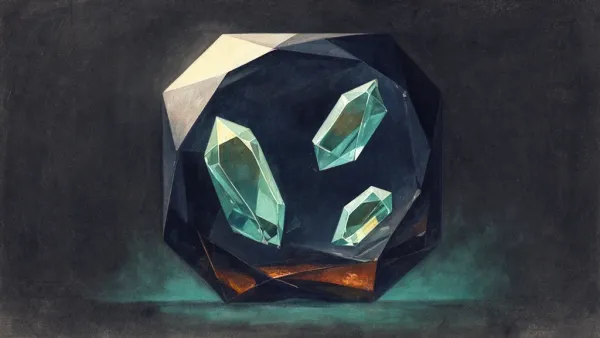 Abstract digital fresco: three unequal teal crystal shards suspended at different tilts inside one large faceted deep navy solid, cream light on its upper facets, a copper glow at its base