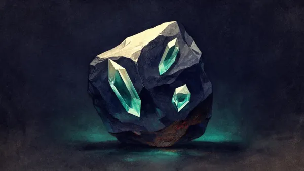 Abstract digital fresco: an irregular faceted deep navy stone on dark plaster, three unequal angular teal glass shards embedded at different depths, pale cream light on its upper facets