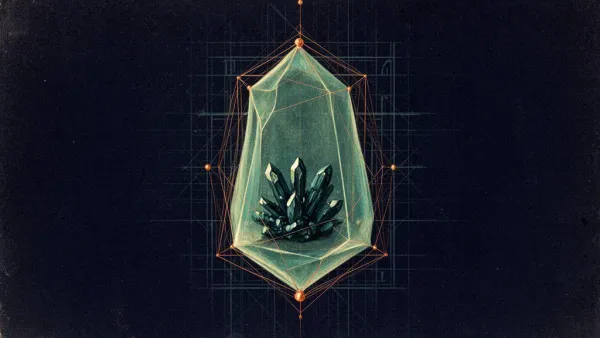 Abstract digital fresco: a translucent teal faceted enclosure on deep navy holds a dark crystal cluster with cream glints, its perimeter traced by thin copper lattice lines and nodes.