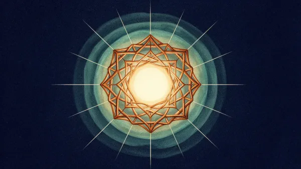Abstract digital fresco: a cream core of light held inside an interlocking copper lattice, ringed by concentric teal membranes on deep navy, fine cream lines radiating outward.