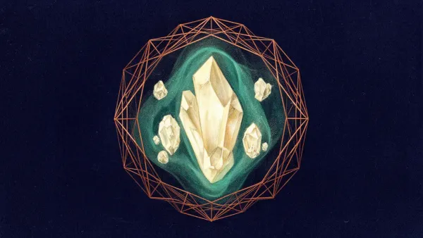 Abstract digital fresco: a cream crystal cluster glowing inside a teal membrane, ringed by a faceted copper lattice perimeter on deep navy — a bounded family of protected marks