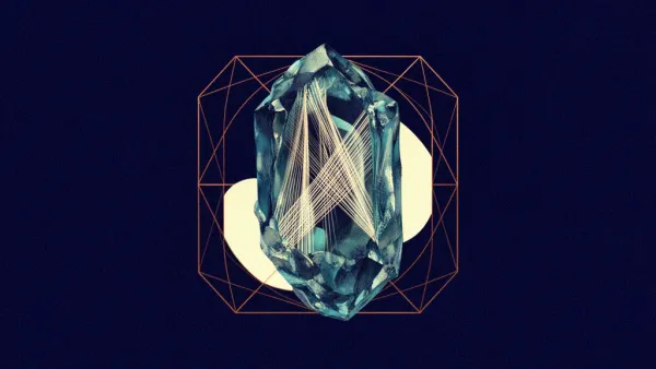 Abstract digital fresco: a teal crystalline mass strung with taut cream tension threads, centered on deep navy within an open copper lattice cage