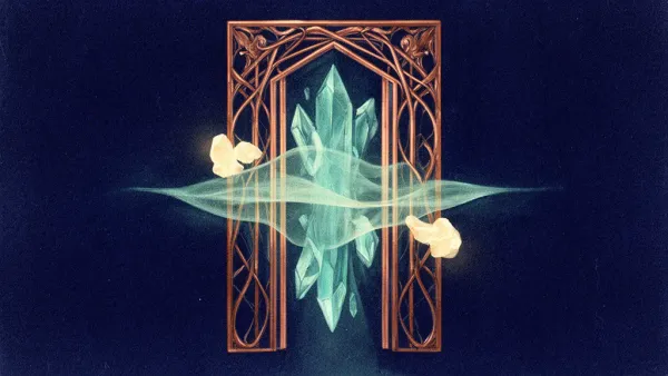 Abstract digital fresco: a copper filigree gateway on deep navy framing a teal crystal, crossed by a translucent teal membrane, with two cream light-forms held outside the threshold