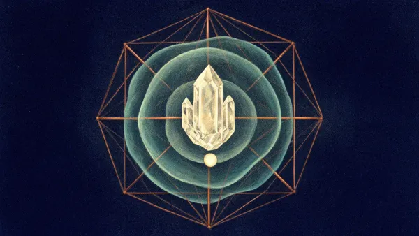 Abstract digital fresco: three nested teal membranes ringing a luminous cream crystal core on deep navy, bound by a fine copper geometric lattice