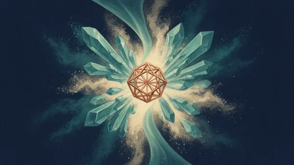 Abstract digital fresco: a copper geometric seed lattice at center, teal crystalline forms radiating outward, some sharply faceted and some dissolving into cream particulate on deep navy