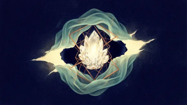Abstract digital fresco: a luminous crystal core inside a copper lattice, wrapped by a teal membrane torn open on two sides where deep navy voids show and cream light leaks out