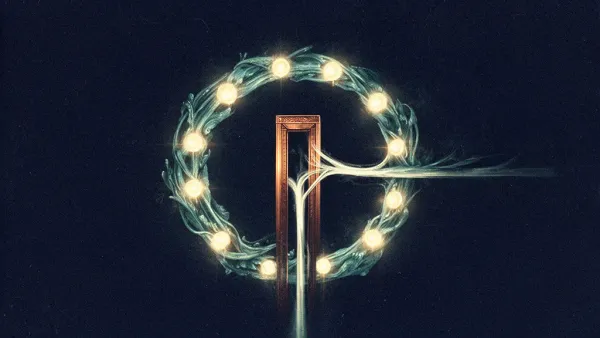Abstract digital fresco: a teal circulating ring punctuated by evenly spaced cream light pulses, passing through a slender copper archway on deep navy, one strand branching free of the loop