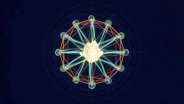 Abstract digital fresco: a cream crystalline core held centered inside a copper geometric lattice while teal light strands radiate outward through small membrane rings on deep navy