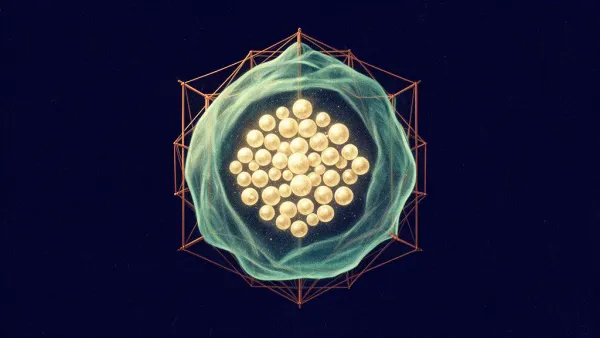 Abstract digital fresco: a translucent teal membrane fully encloses a cluster of glowing cream spheres on deep navy, braced from outside by a fine copper geometric scaffold