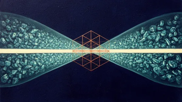 Abstract digital fresco: dense teal crystalline forms funneling through a centered copper geometric lattice on deep navy, crossed by a single cream threshold band marking the audit point