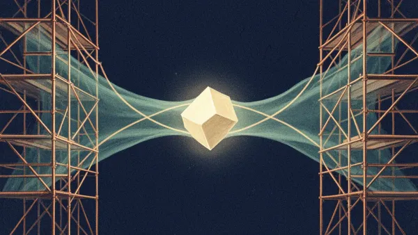 Abstract digital fresco: a glowing cream faceted cube suspended mid-crossing on a teal membrane bridge spanning two intact copper scaffolding lattices, on deep navy