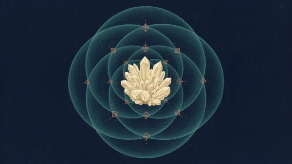 Abstract digital fresco: overlapping translucent teal membranes of many sizes nested around one small cream crystalline cluster on deep navy, copper anchor nodes at each intersection