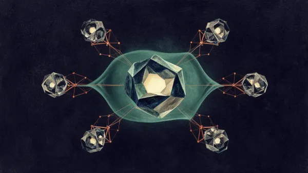 Abstract digital fresco: a faceted navy crystal with cream inner glow inside a teal membrane, six identical smaller crystals struck outward, joined by thin copper armature.