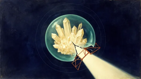 Abstract digital fresco: a teal ovoid membrane holding a cream crystal cluster on deep navy, fractured at one edge where a copper lattice marks the break and light spills outward