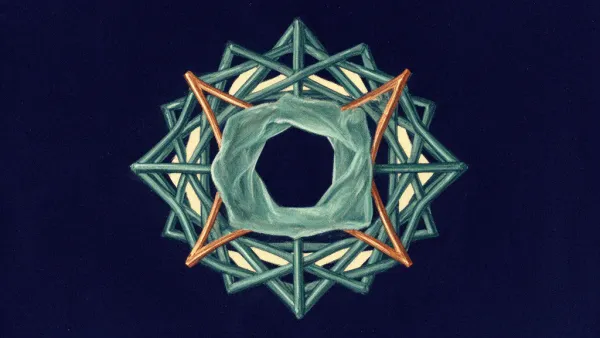 Abstract digital fresco: a teal geometric lattice edged with thin copper struts on deep navy, its center hollowed to a clean empty socket sealed by a translucent teal membrane